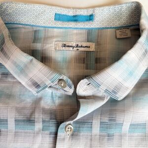 Tommy Bahama | Men’s Long Sleeve Shirt | Aqua and Gray|   Plaid | Size XXL